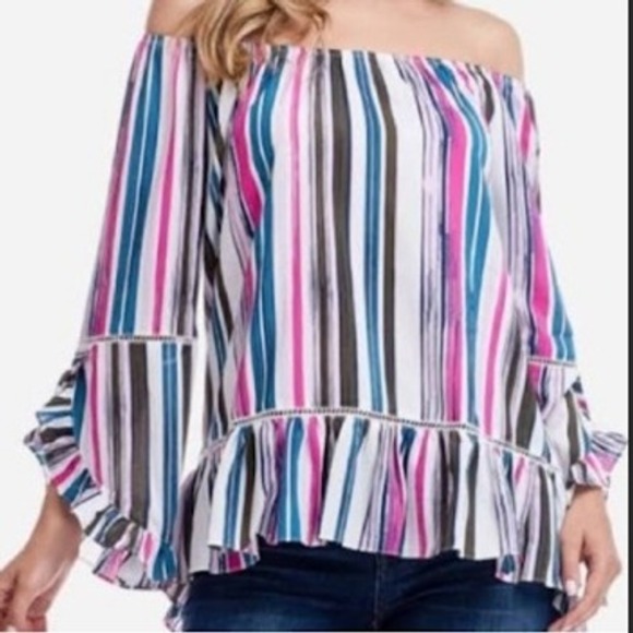 Fever Tops - Fever Women's Off The Shoulder Multicolor Striped Tunic Blouse Flutter Sleeve LG